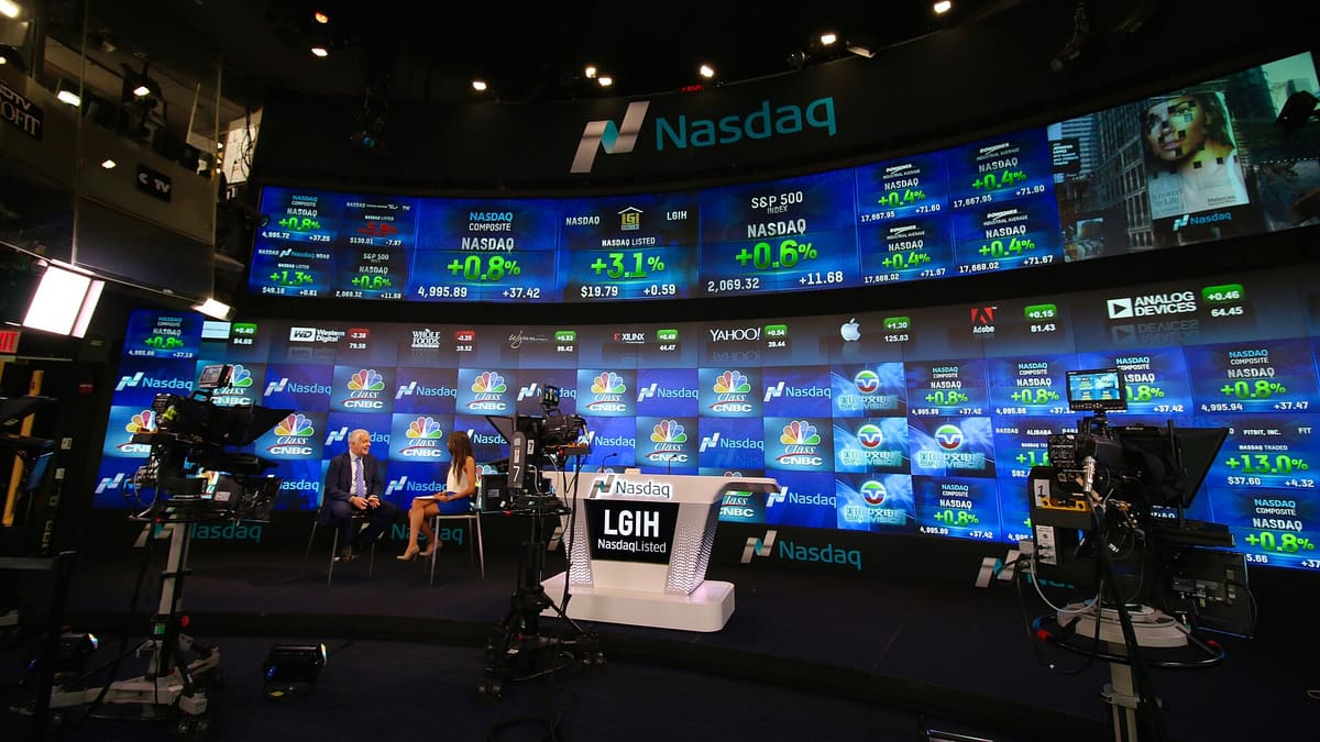 The Nasdaq MarketSite studio with its wall of market screens